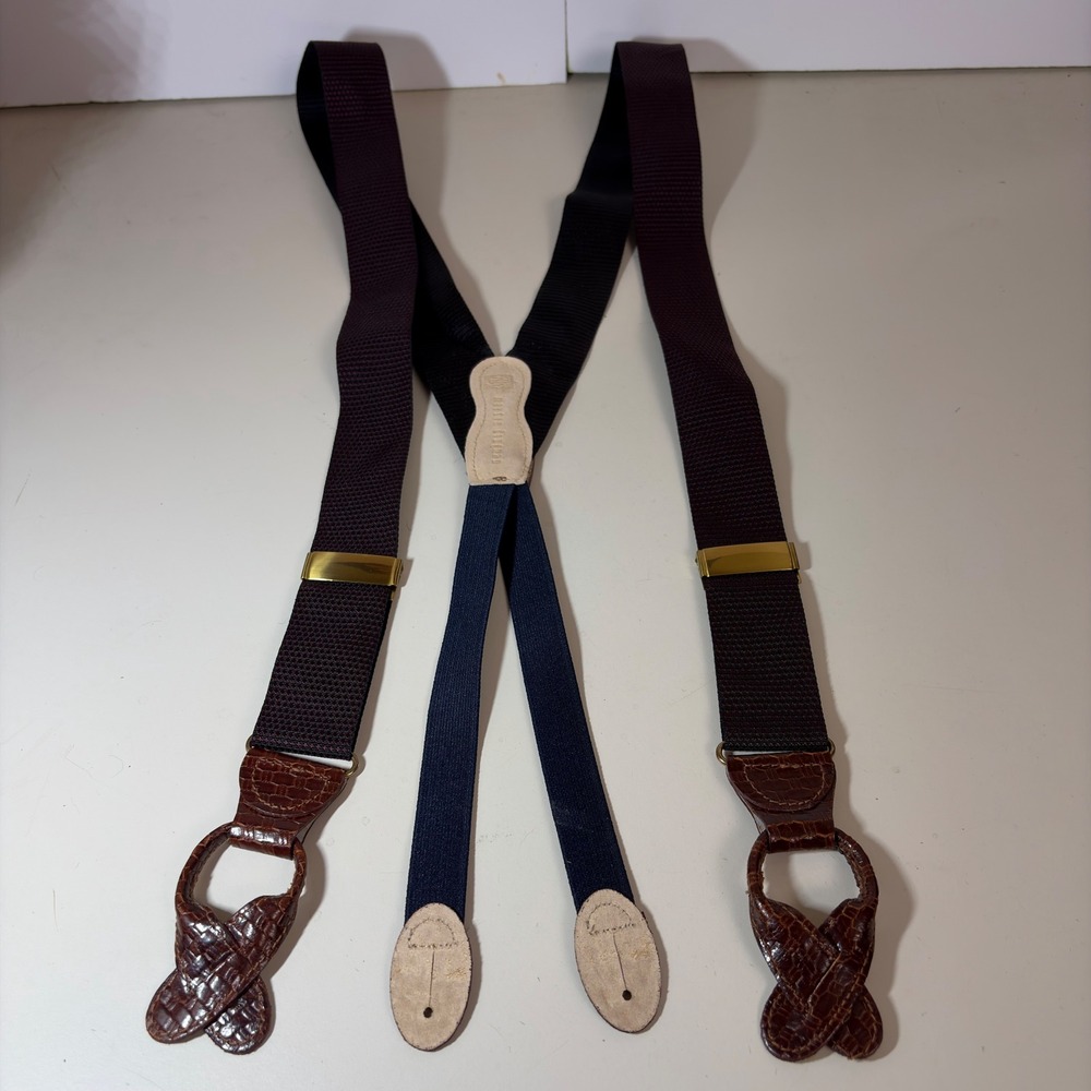 MARTIN DINGMAN Y-Back Suspenders Mens Burgundy/Black Leather Button End Braces